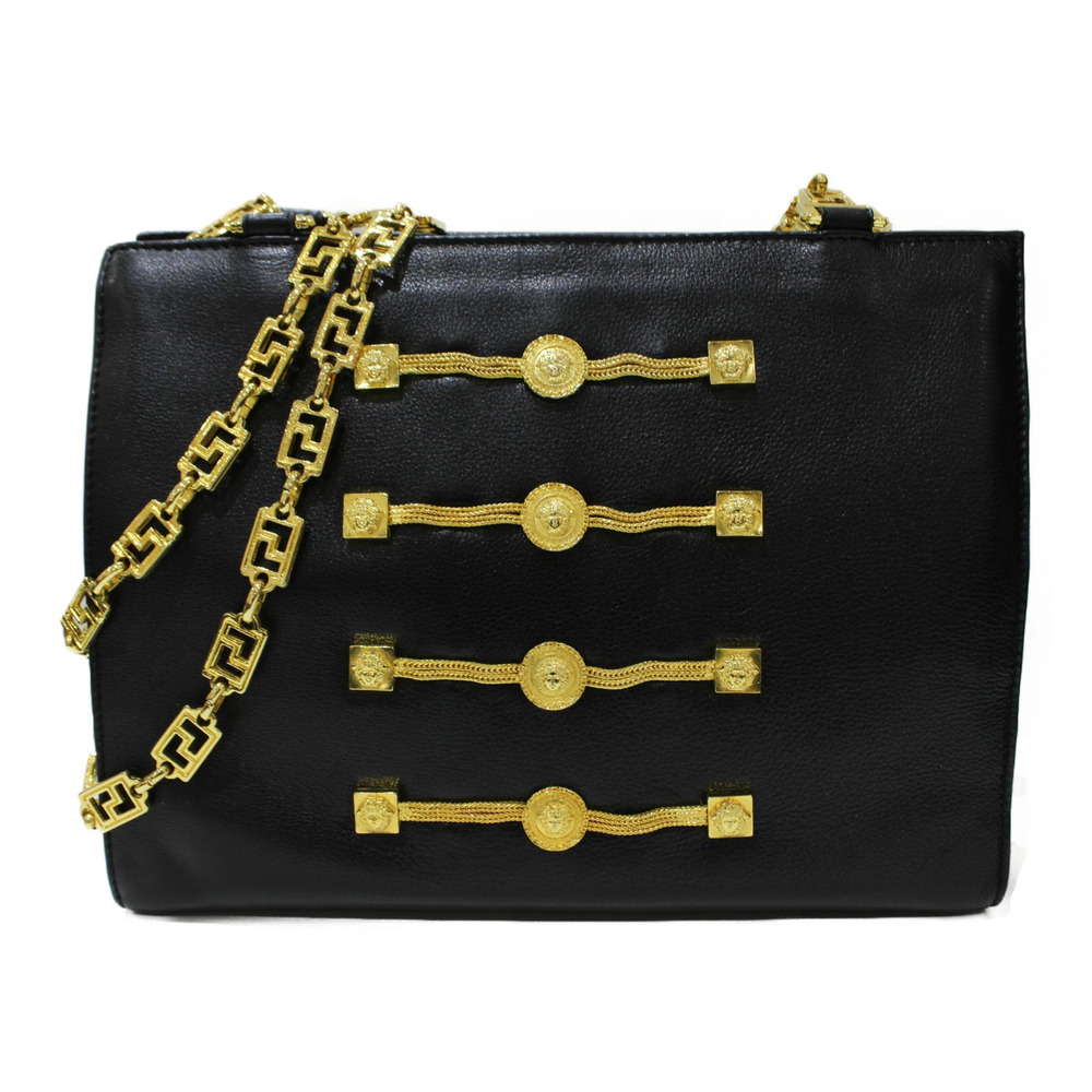 VERSACE Medusa Chain Shoulder Bag Leather Black